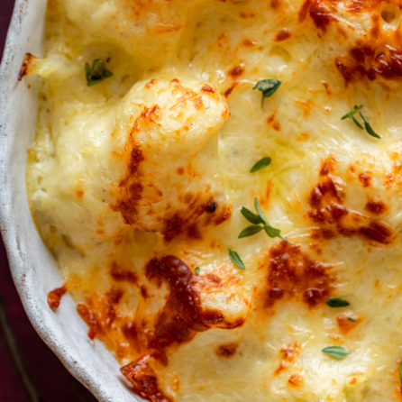 Creamy cheesy cauliflower baked with a crisp topping