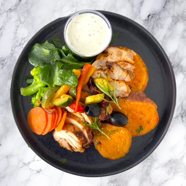 Greek Chicken Thigh with Roasted Sweet Potato & Tzatziki
