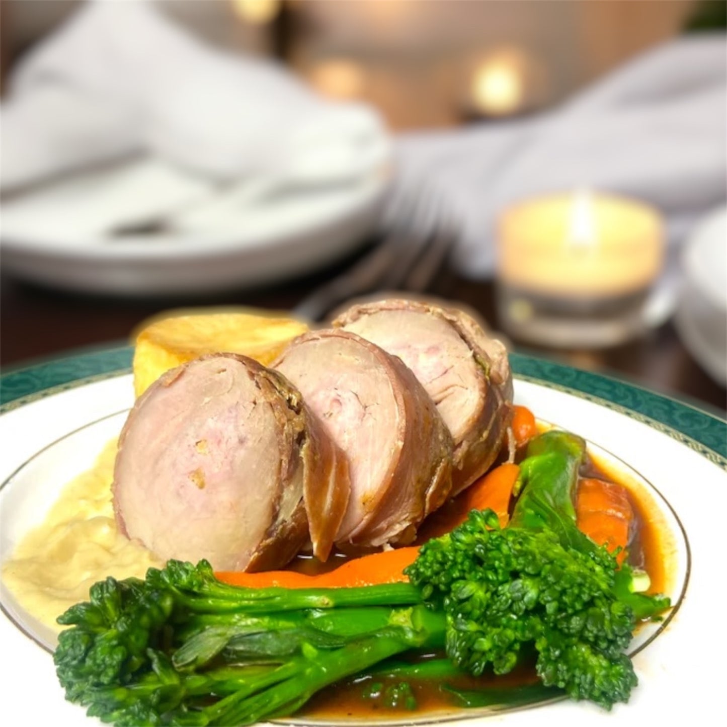 Pork Tenderloin Stuffed with Sausage Meat, Apricots, Walnuts & Apple, with Celeriac Purée, Sautéed Kale & Asparagus
