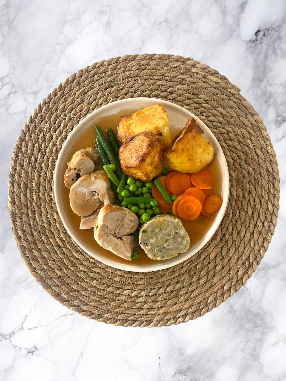 Roast Chicken with Stuffing, Gravy, Golden Potatoes & Fresh Vegetables