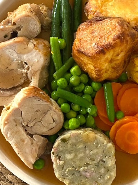 Roast Chicken with Stuffing, Gravy, Golden Potatoes & Fresh Vegetables