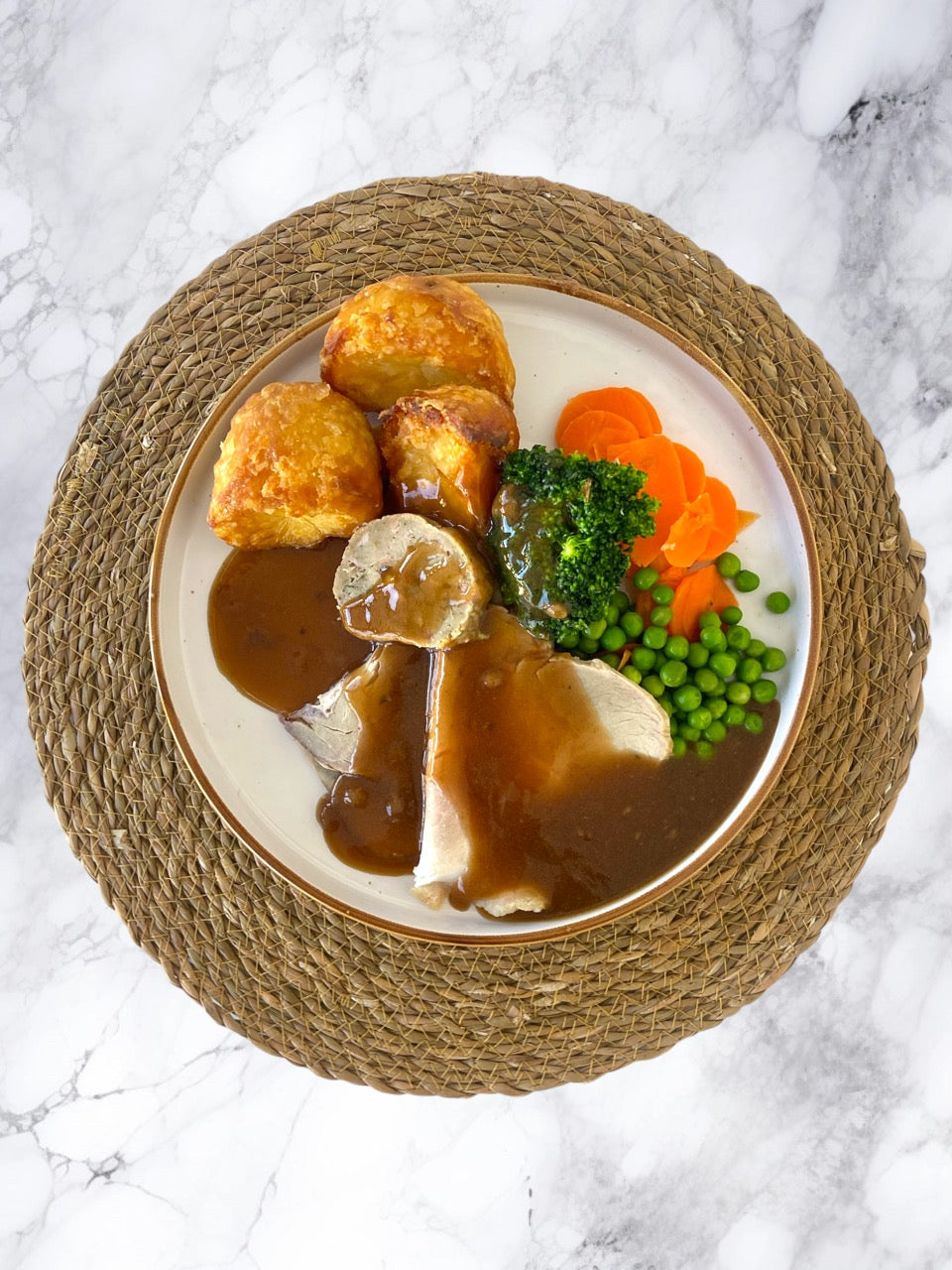 Roast Pork with Roast Potatoes, Carrots & Peas