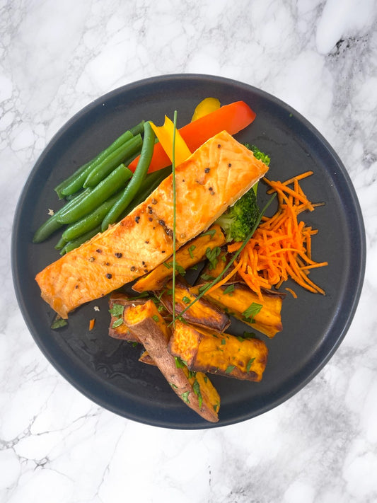 Salmon with Sweet Potato & Mixed Veggies