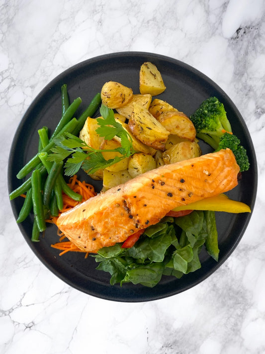 Salmon with Crispy Baby Potatoes & Mixed Veggies
