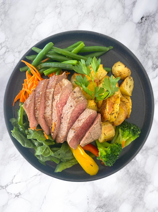 Steak with Crispy Baby Potatoes & Mixed Vegetables