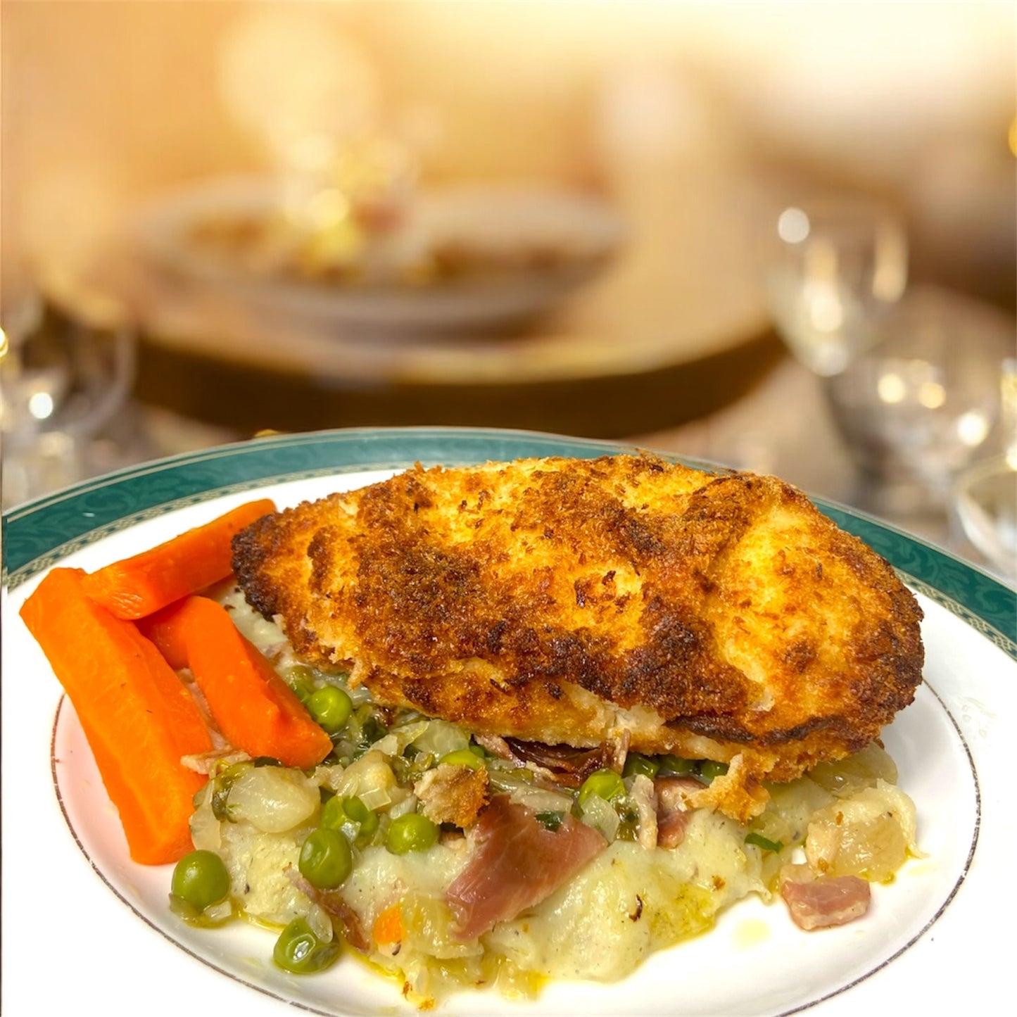 Truffel Kip Kiev met Truffel Puree & Erwten à la Française