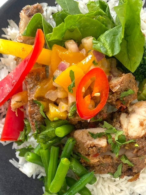 Caribbean Jerk Chicken with Rice and Pineapple Salsa - Dindins
