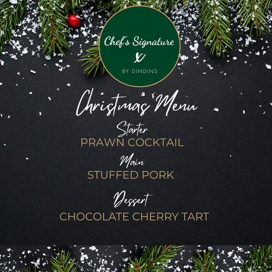Christmas menu with a black background, greenery, and 'Chef's Signature by Dindins' branding.