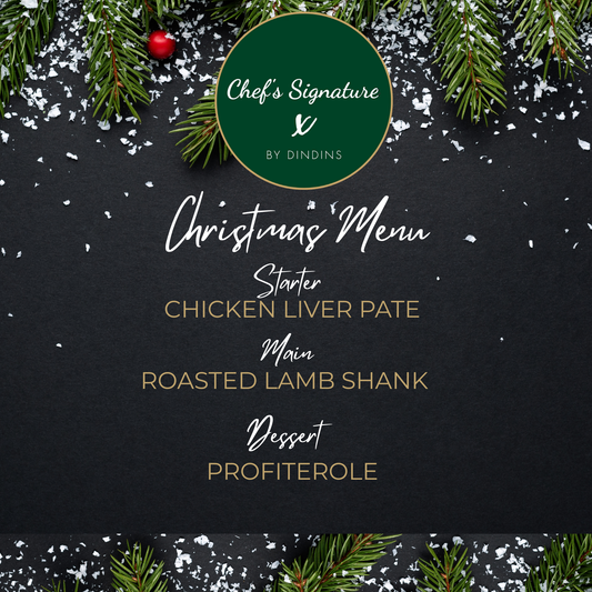 Christmas menu with a black background, greenery, and 'Chef's Signature by Dindins' branding.