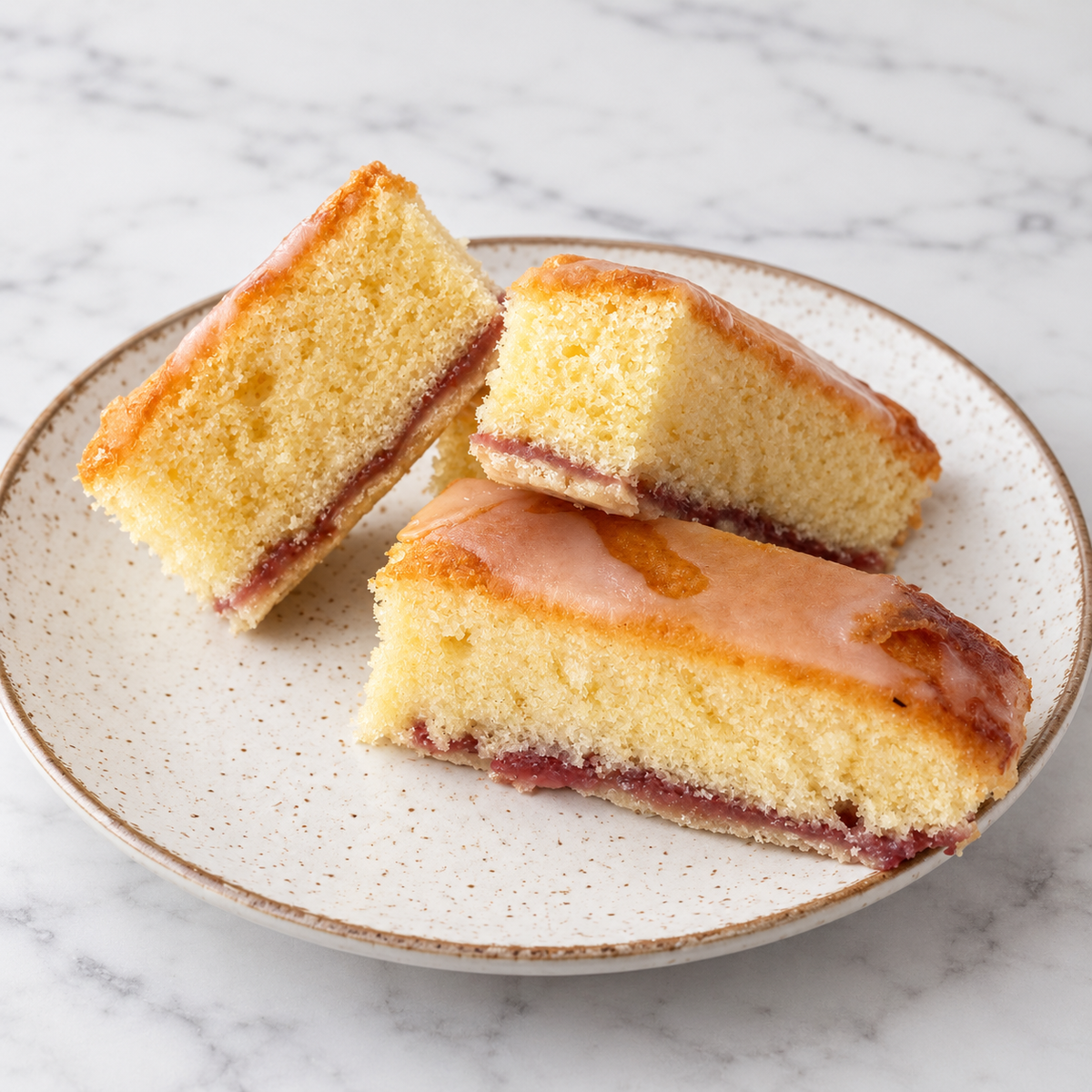 Three slices of a moist yellow sponge cake with a glossy glaze and red jam filling, served on a speckled beige ceramic plate over a white marble surface.