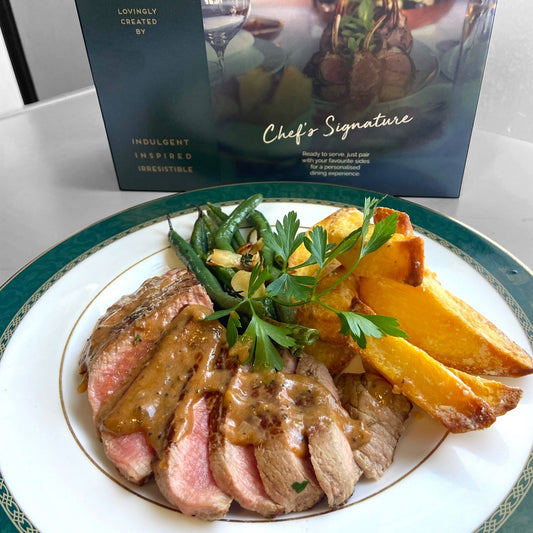 Classic Steak au Poivre with Triple-Cooked Chips & Almond Green Beans