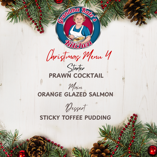 Christmas menu from Grandma Kate's Kitchen with festive decorations on a white wooden background