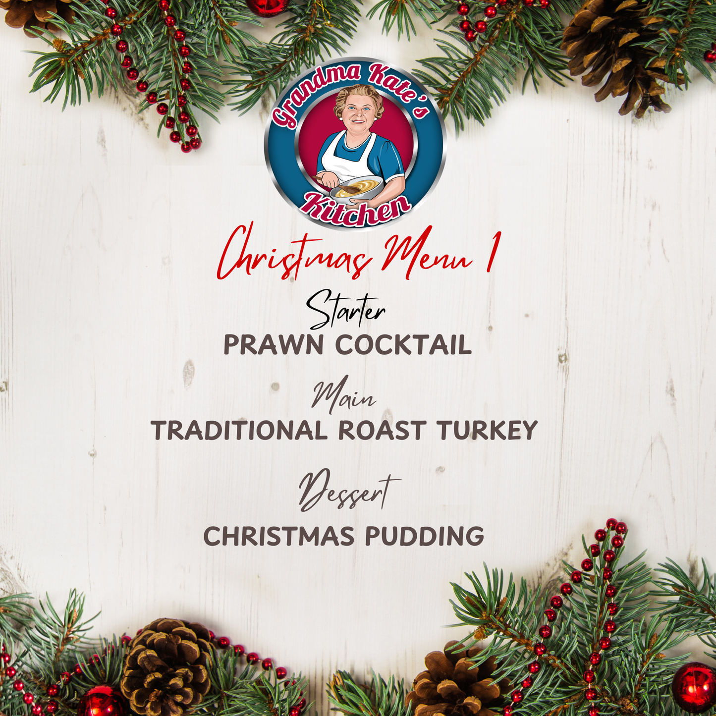 Christmas menu with traditional dishes and festive decorations on a white background