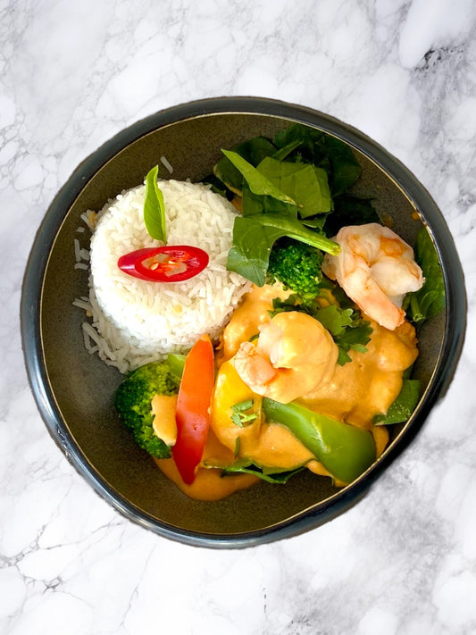 Langostinos al curry con arroz