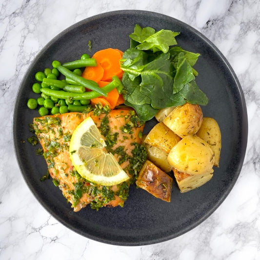 Lemon & Herb Baked Salmon with Baby Potatoes and Vegetables