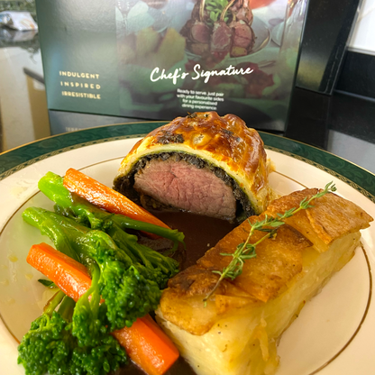 Voor 2 personen - Beef Wellington met Dauphinoise Aardappelen, Geroosterde Wortelen en Broccoli