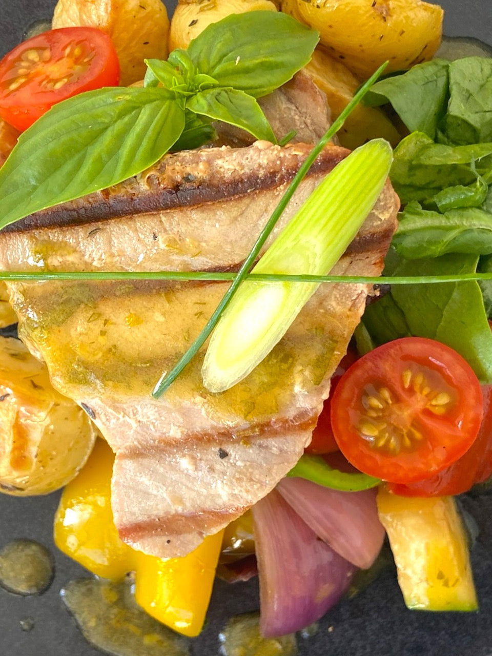 Mediterranean Tuna Steak with Baby Potatoes and Roasted Veg - Dindins