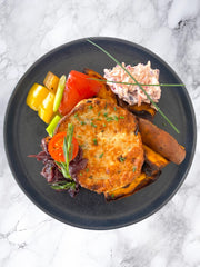 Naked Chicken Burger with Caramelised Onion, Sweet Potato Wedges & Coleslaw