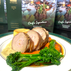 Pork Tenderloin Stuffed with Sausage Meat, Apricots, Walnuts & Apple, with Celeriac Purée, Sautéed Kale & Asparagus