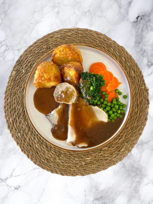 Roast Pork with Roast Potatoes, Carrots & Peas