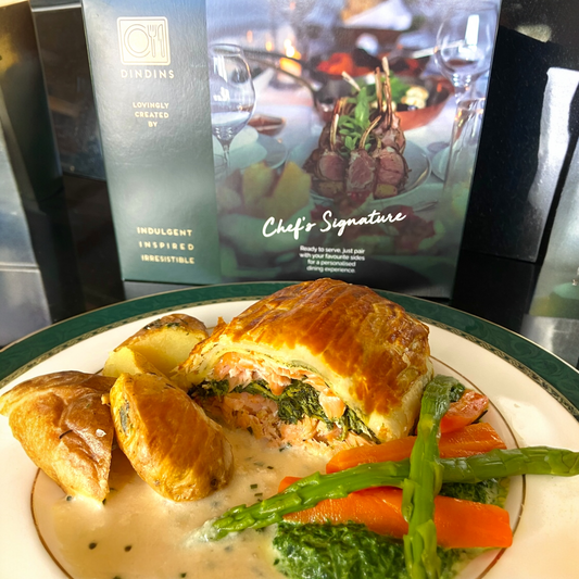 Meal for 2 | Salmon en Croûte with Spiced Creamed Spinach, New Potatoes & Champagne–Chive Sauce