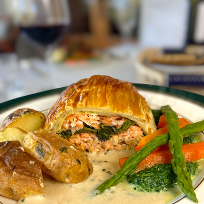 Meal for 2 | Salmon en Croûte with Spiced Creamed Spinach, New Potatoes & Champagne–Chive Sauce