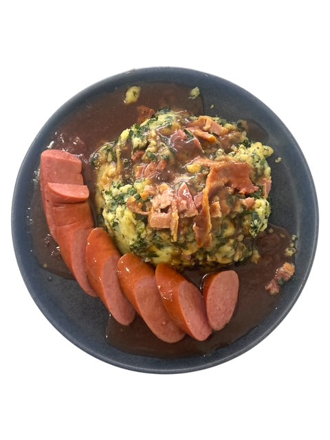 Mashed potatoes with Kale, Bacon, Smoked Sausage and Gravy